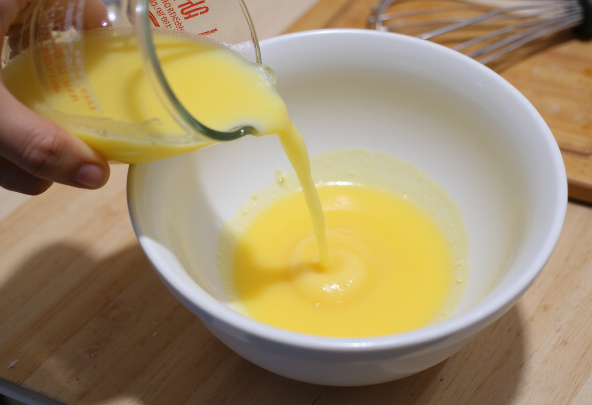 Añadiendo jugo de limón a la mezcla para la preparación de budín de limón fácil.