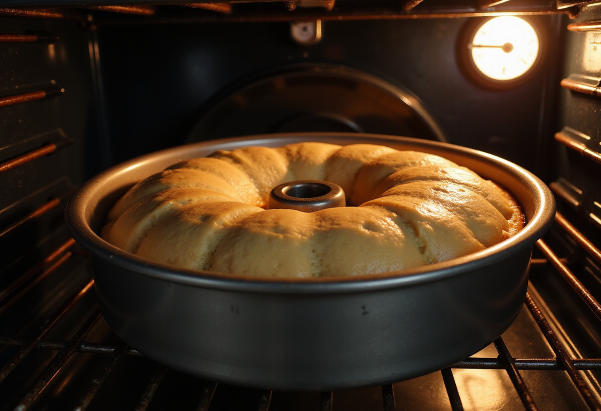 Molde Bundt lleno de mezcla de postre de limón siendo colocado en el horno para hornear.