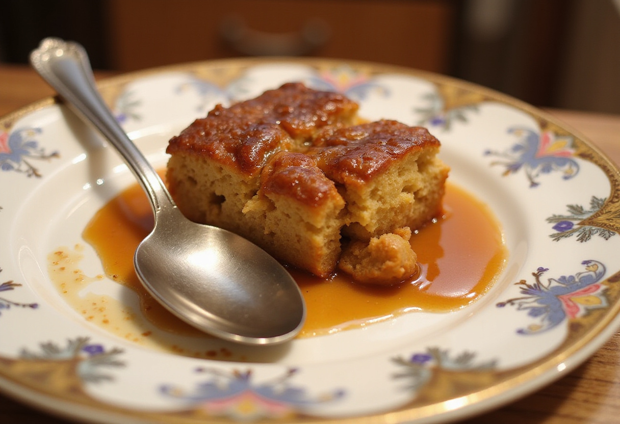 Rebanada de budín de pan casero con salsa de caramelo, ideal para disfrutar.