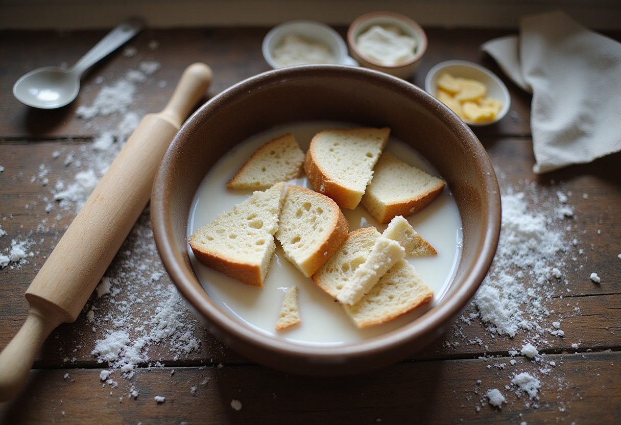 Trozos de pan empapados en leche para el budín de pan casero.