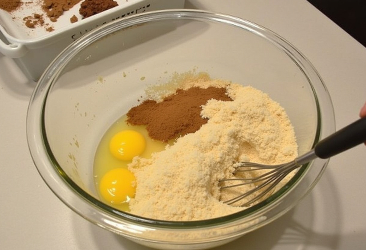 Mezcla de azúcar, canela, vainilla y huevos para la receta de budín de pan.