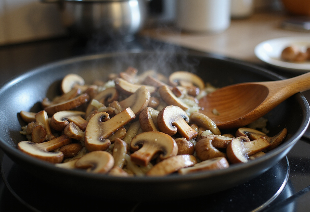 Sautéed mushrooms and onions in a pan for burritos de champiñón preparation.