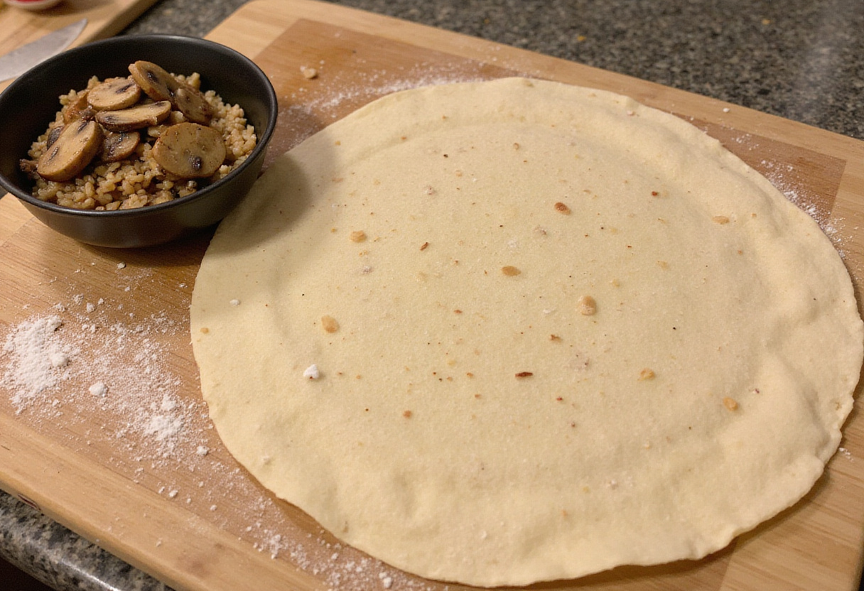 Tortilla ready to be filled with mushroom mixture for burritos de champiñón.
