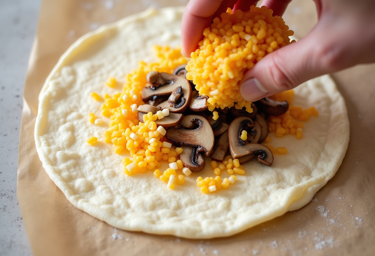 Filling process for burritos de champiñón with mushrooms, rice, and cheese.