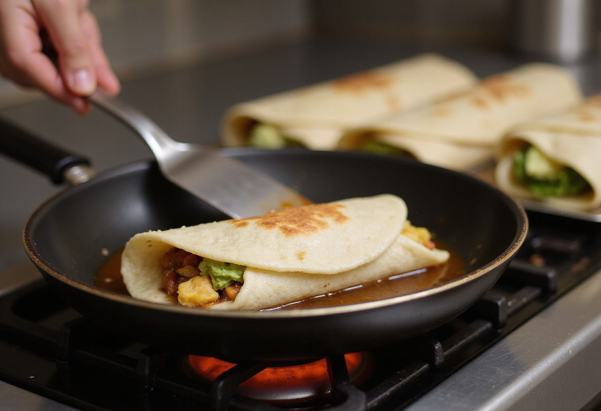 Burritos de champiñón being grilled in a skillet for a crispy finish.