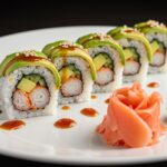 California roll terminado con salsa de soja y wasabi, ideal para disfrutar de sushi casero.