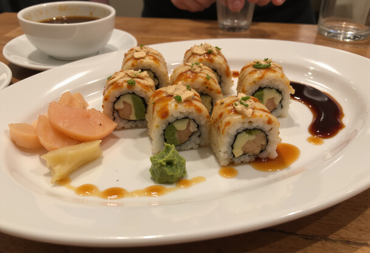 California roll terminado con salsa de soja y wasabi, ideal para disfrutar de sushi casero.