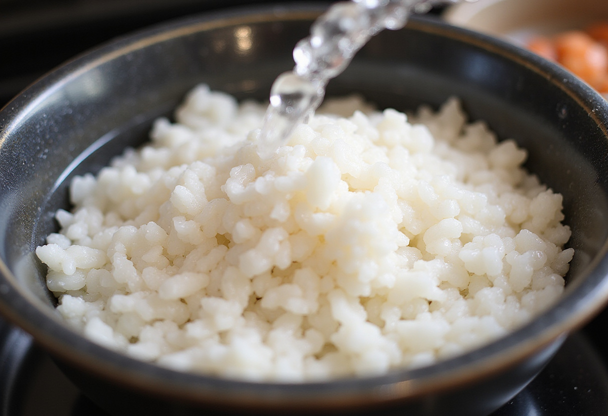 Rinsing sushi rice for California roll receta, esencial para una buena comida japonesa.