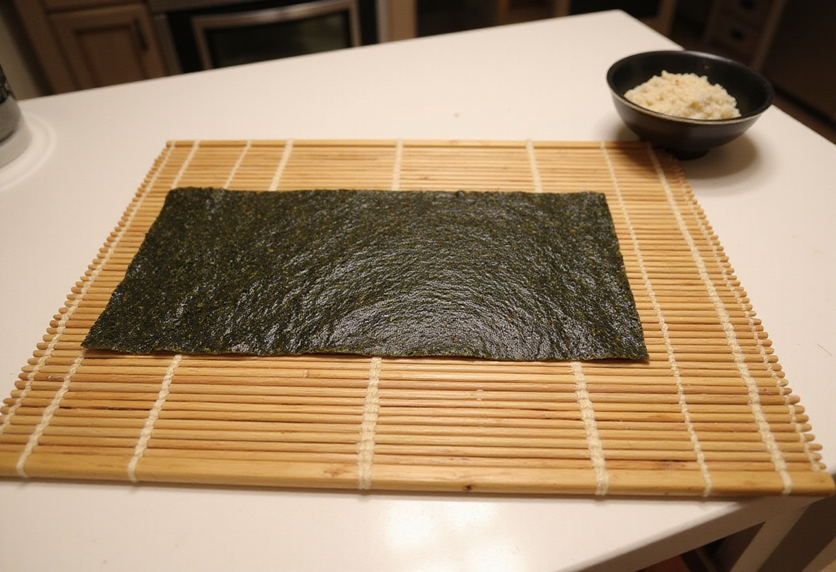 Preparing sushi nori for sushi casero California roll receta, clave en la cocina japonesa.