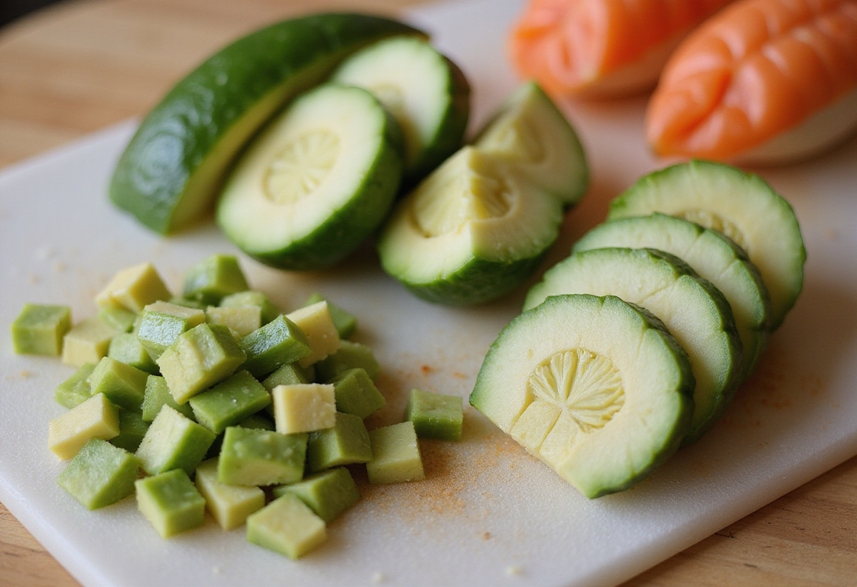 Fresh ingredients for California roll, incluyendo aguacate y pepino para comida japonesa.