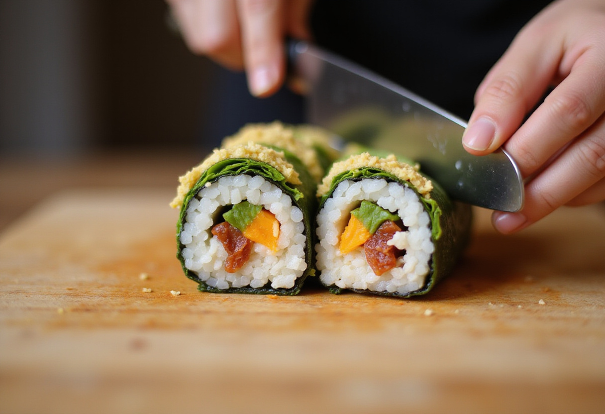 Cortando un rollo de sushi casero California roll, un paso esencial en la receta.