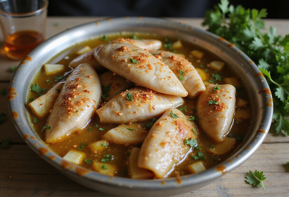 Cazón en adobo marinating in a mixture of vinegar and spices for authentic flavor.