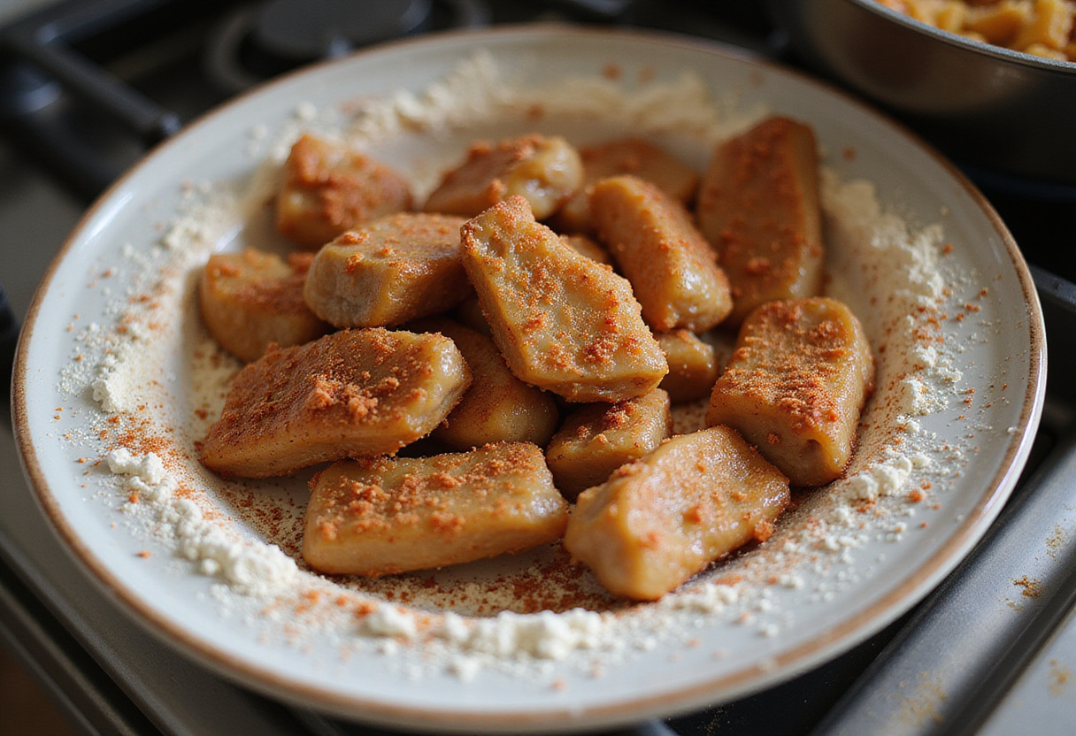 Flour and spices prepared for breading cazón en adobo before frying.