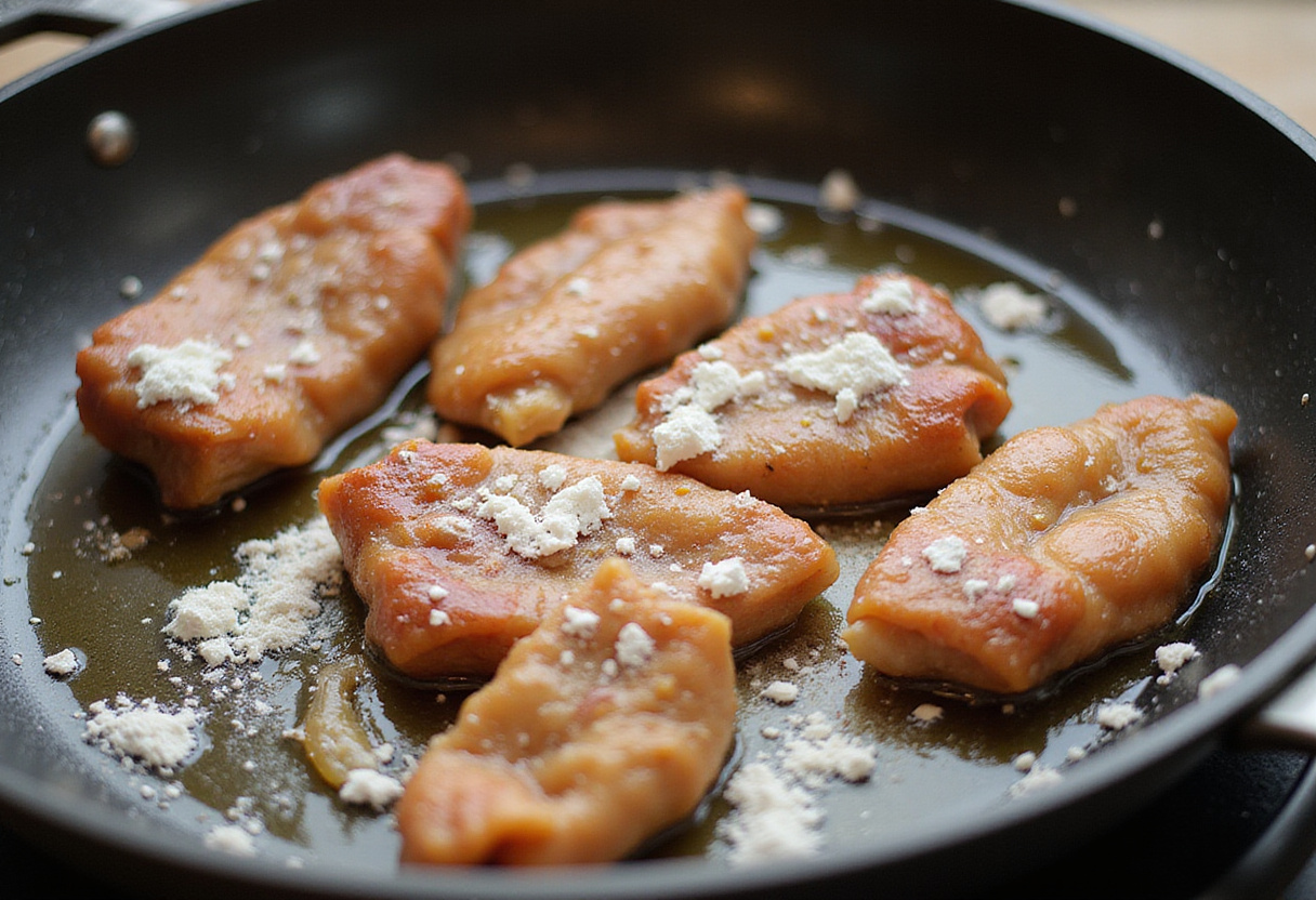 Cazón en adobo being coated in seasoned flour before frying for a crispy texture.