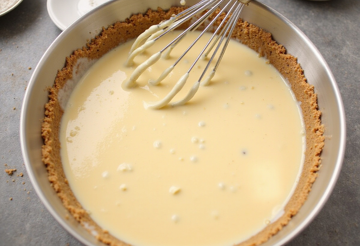 Rellenando la base de galleta de graham con mezcla de queso y piña para Cheesecake de Piña.