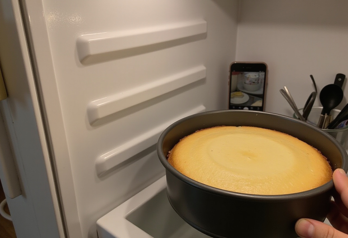Cheesecake de Piña en un molde desmoldable colocado en la nevera para que cuaje.
