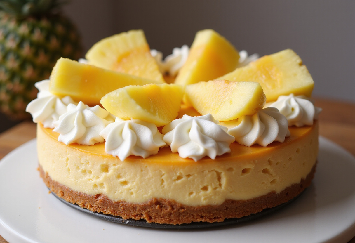 Cheesecake de Piña decorado con rodajas de piña fresca y crema batida.