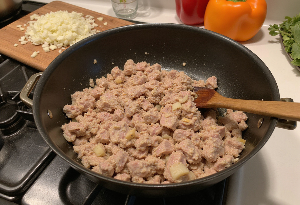 Ground turkey being browned in a pot for chili de pavo, a receta saludable y baja en calorías.