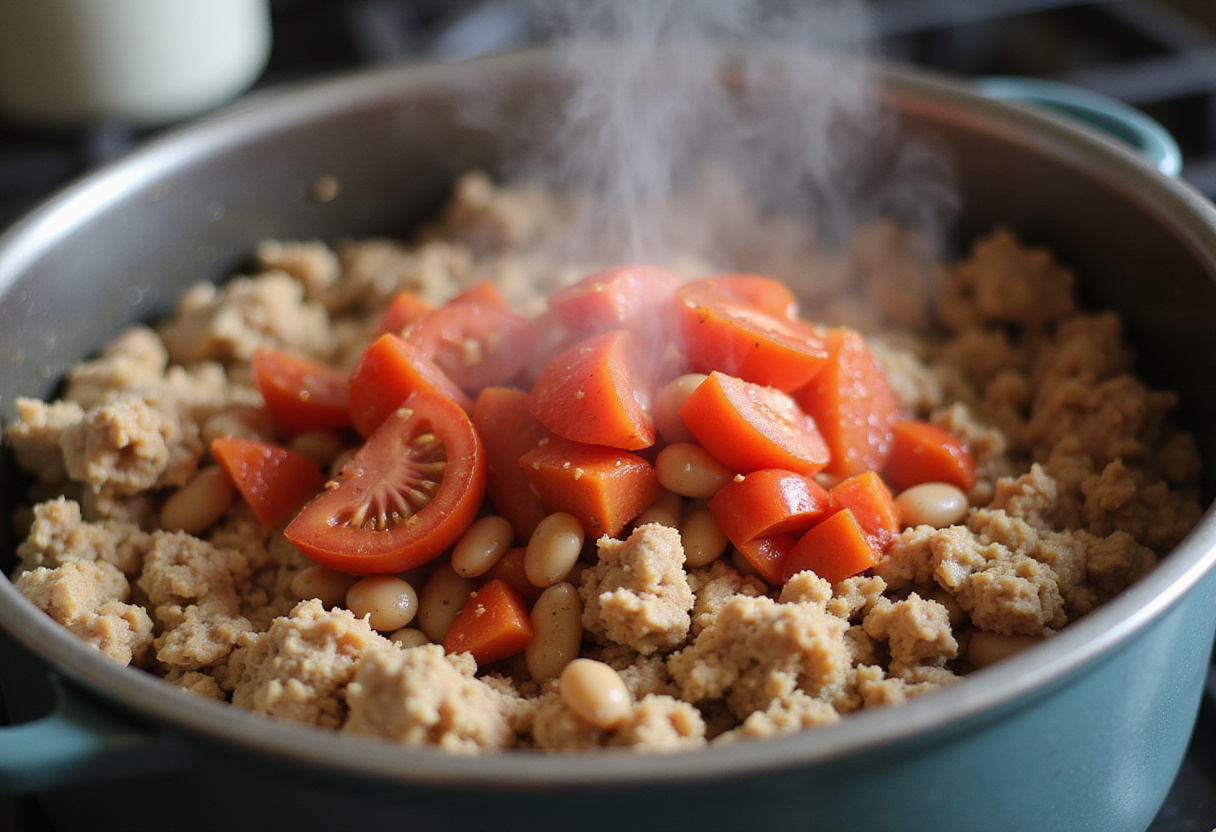 Diced tomatoes and frijoles bajos en grasa being added to the pot for chili de pavo.