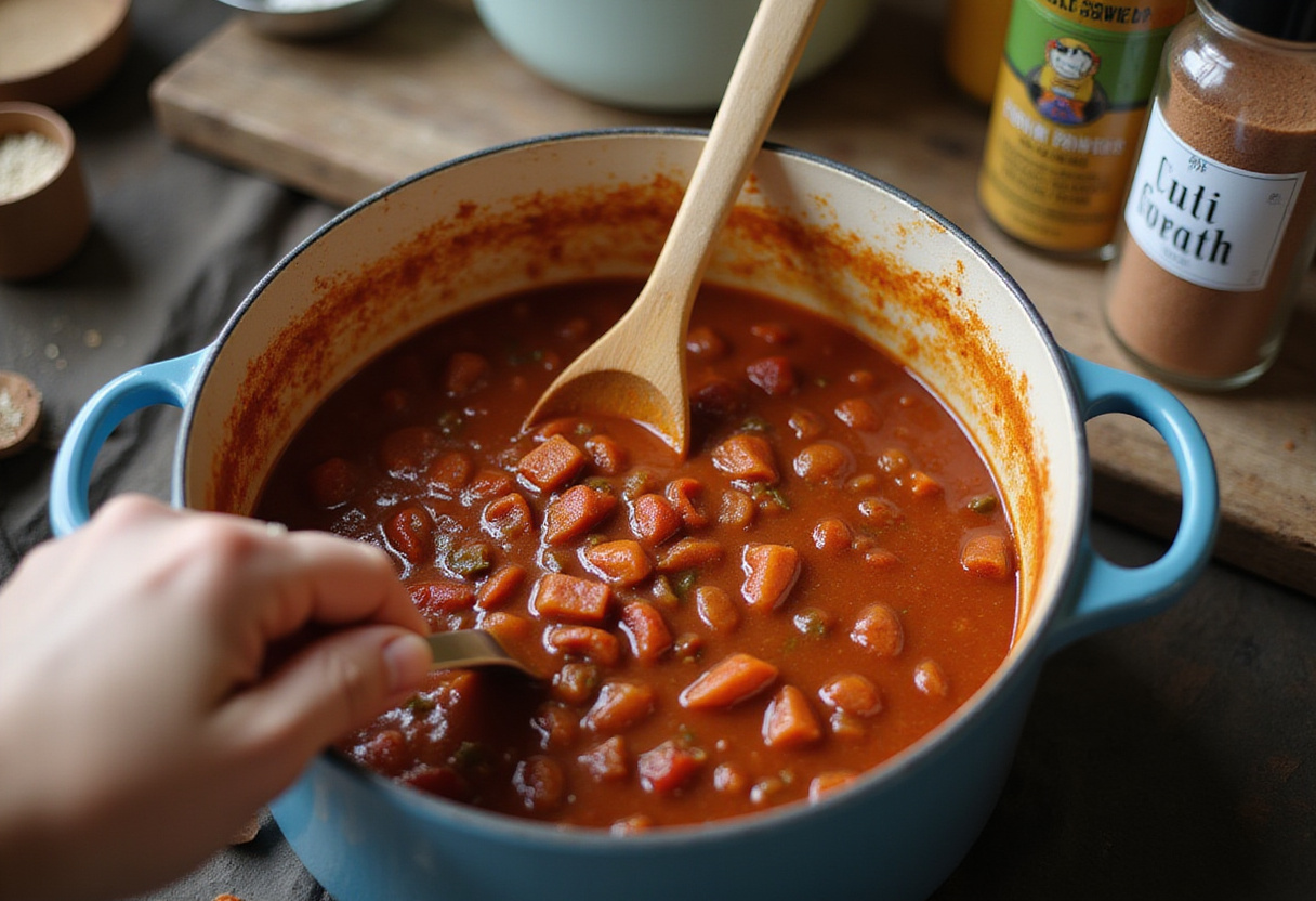 Chili spices being mixed into the pot for flavorful chili de pavo con frijoles bajos en grasa.