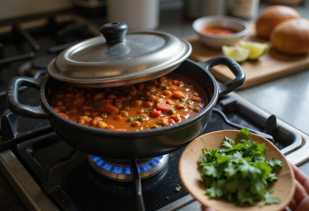 Simmering chili de pavo on the stove, highlighting a receta saludable y llena de sabor.