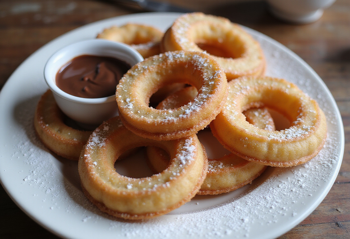 Churros de papa recién fritos y espolvoreados con azúcar, una deliciosa presentación de la receta de churros de papa.