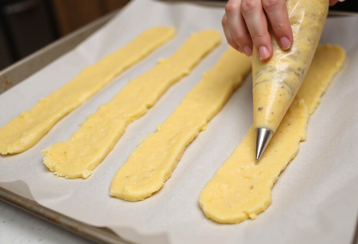 Dando forma a los churros de papa con una manga pastelera, clave en la receta de churros de papa.