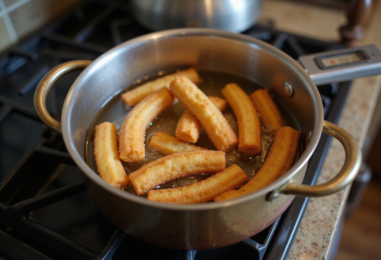 Aceite caliente listo para freír churros de papa en una receta de churros de papa.