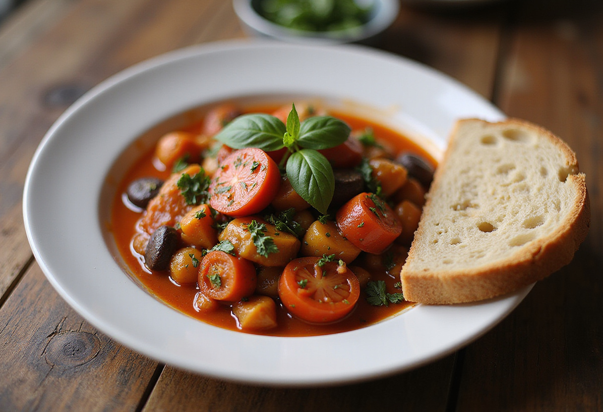 Delicioso ratatouille clásico con hierbas frescas, perfecto para una comida tradicional.