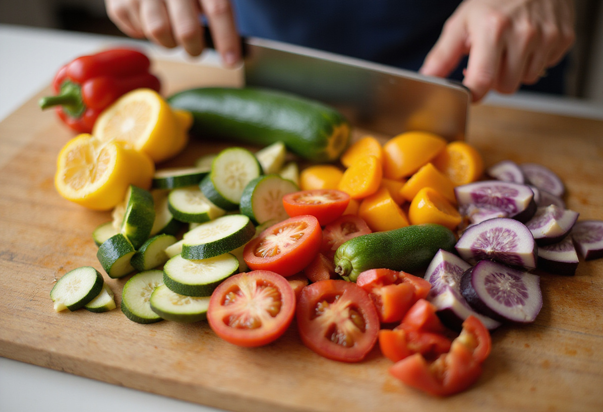Verduras picadas para ratatouille clásico, destacando calabacín, berenjena y pimientos.