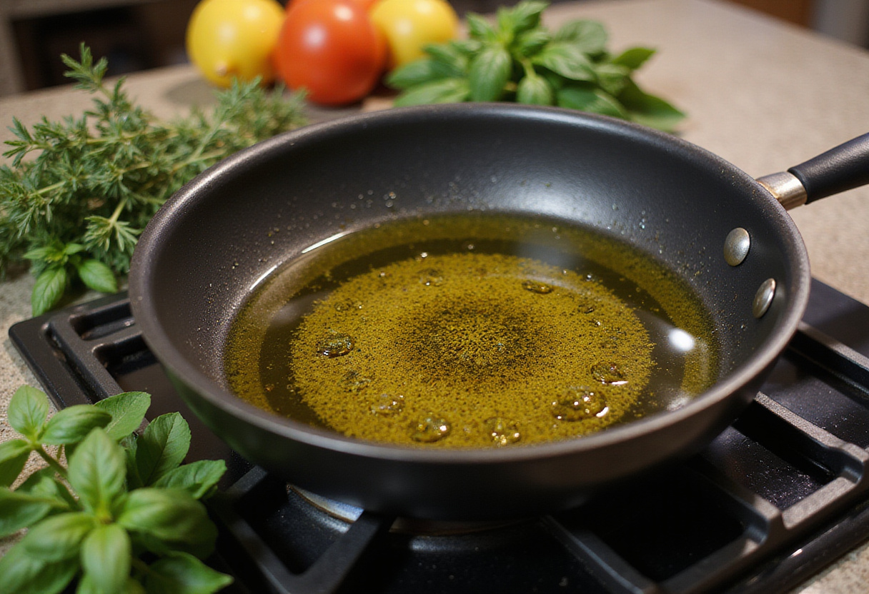 Aceite de oliva calentándose en una sartén para hacer receta de ratatouille.