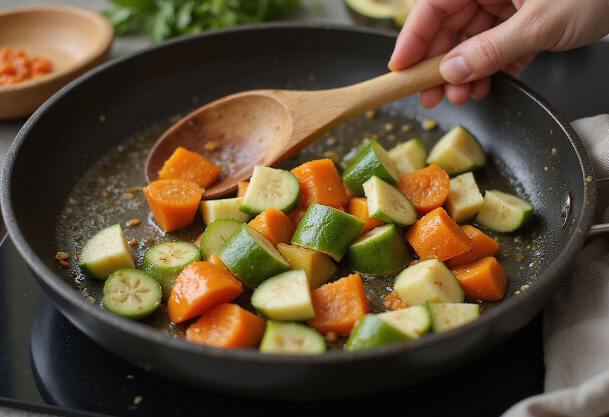 Verduras picadas cocinándose en la sartén para ratatouille fácil.