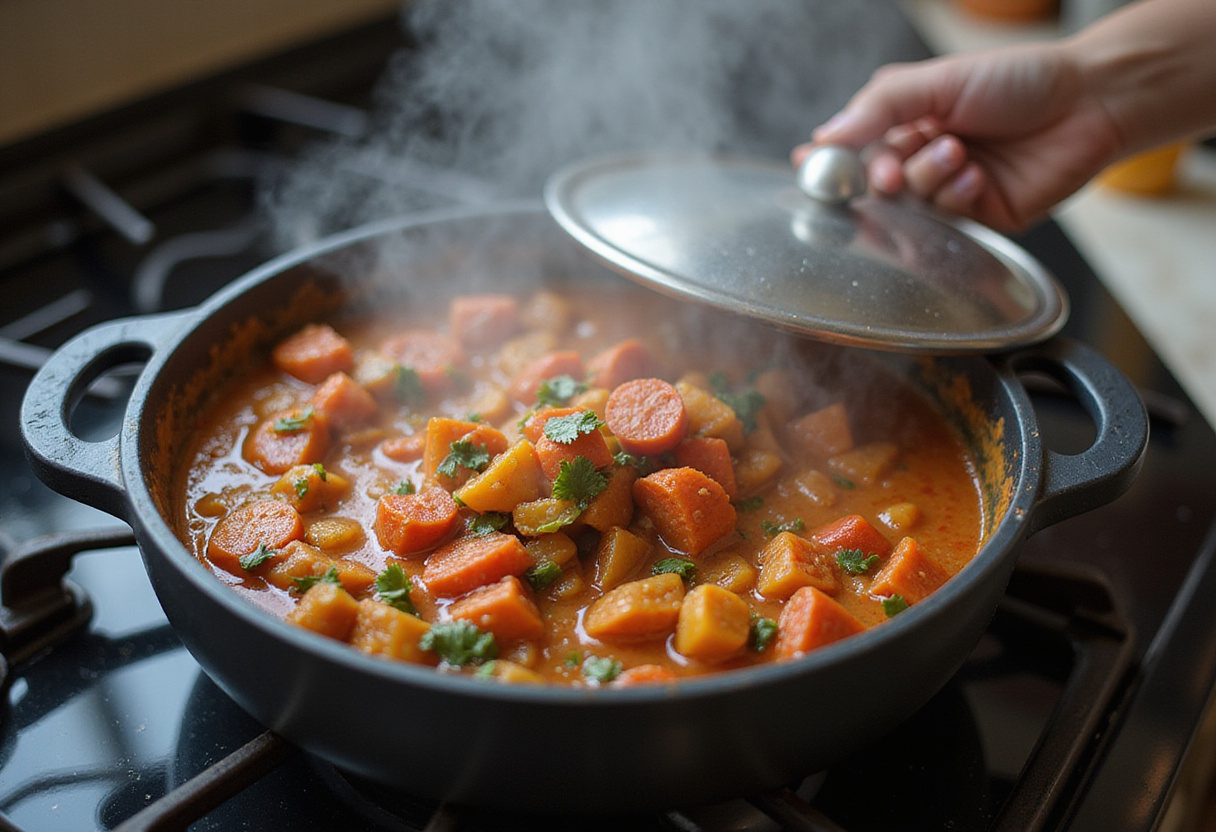 Olla con ratatouille tradicional a fuego lento en la estufa.