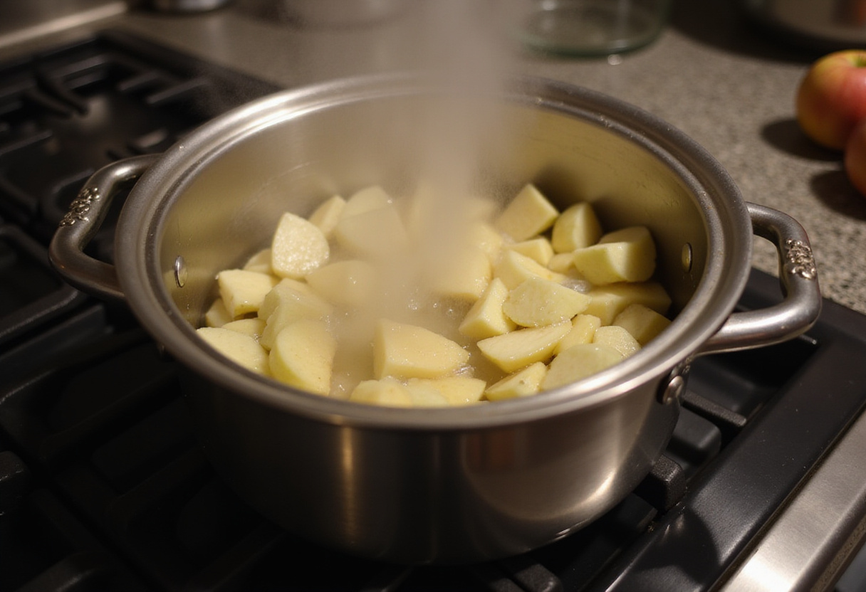 Preparando la base de compota de manzana fácil en una olla en la estufa.