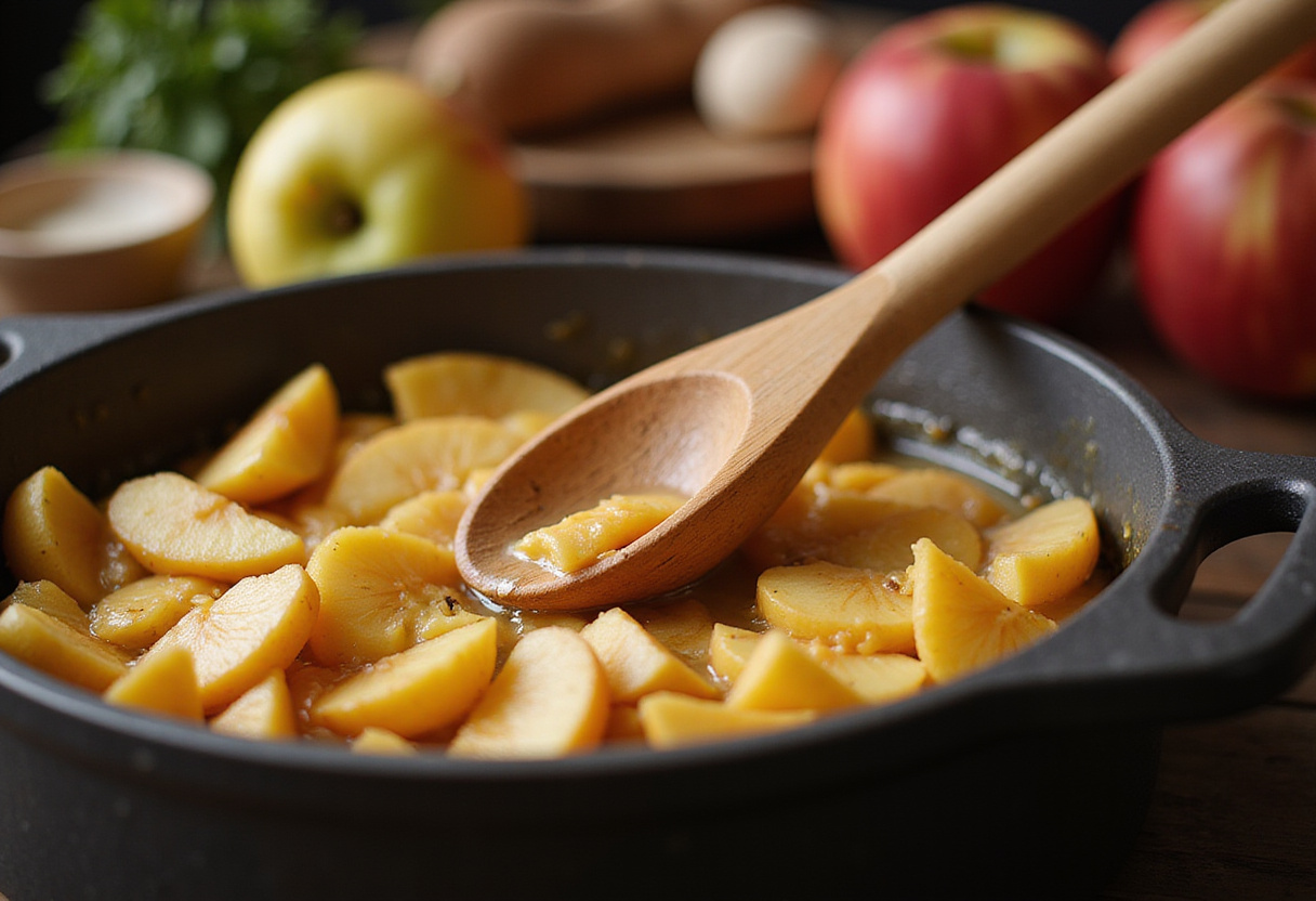Mezclando manzanas cocidas para compota de manzana fácil en la olla.