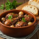 Delicious Coq au Vin fácil ready to serve, garnished with parsley and crusty bread.