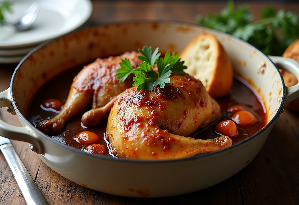 Delicioso Coq au Vin fácil listo para servir, adornado con perejil y pan crujiente.