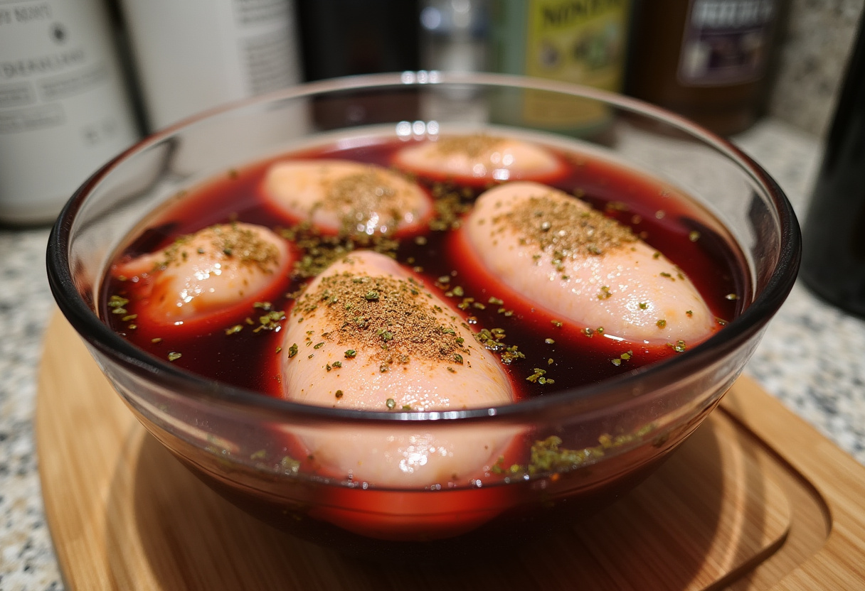 Marinando trozos de pollo para la receta de Coq au Vin fácil con vino tinto y hierbas.