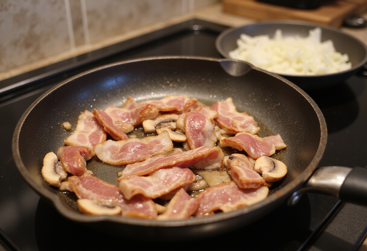 Tocino cocinándose en una sartén para Coq au Vin fácil, preparando para añadir cebollas y champiñones.