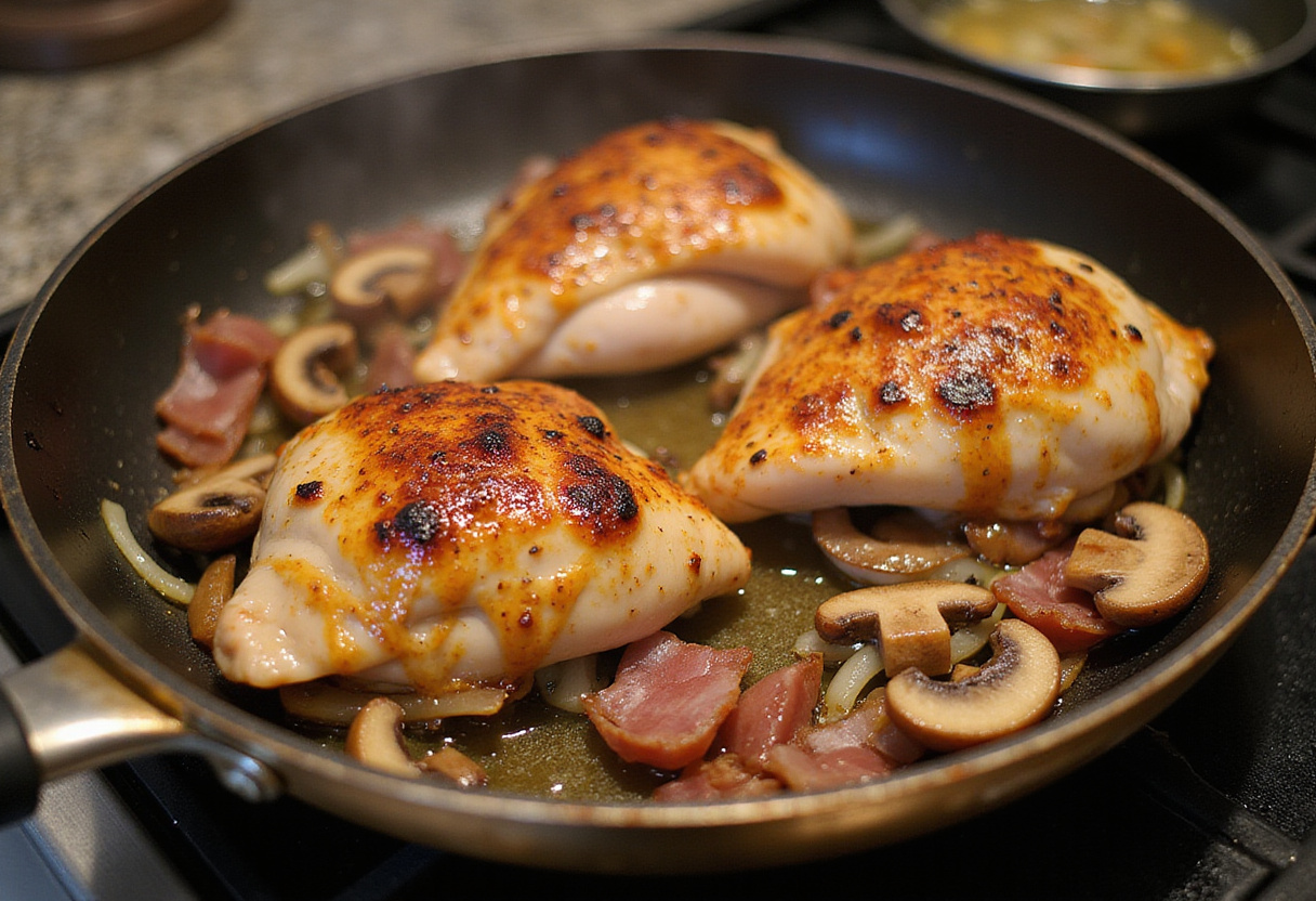 Dorando pollo para Coq au Vin fácil con tocino, cebollas y champiñones en una sartén.