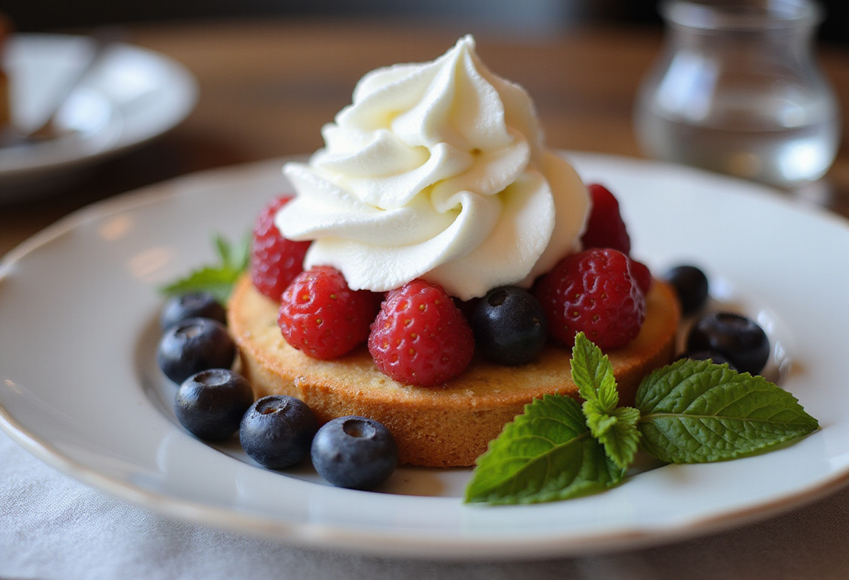 Postre con crema batida casera en un trozo de pastel, ideal para realzar el sabor.