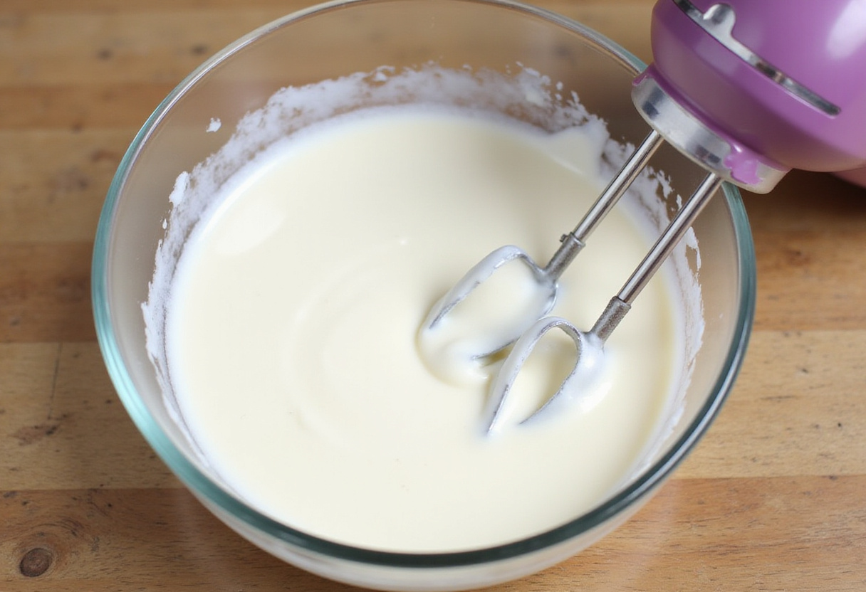 Crema batida en proceso de batido para crema batida casera con leche.