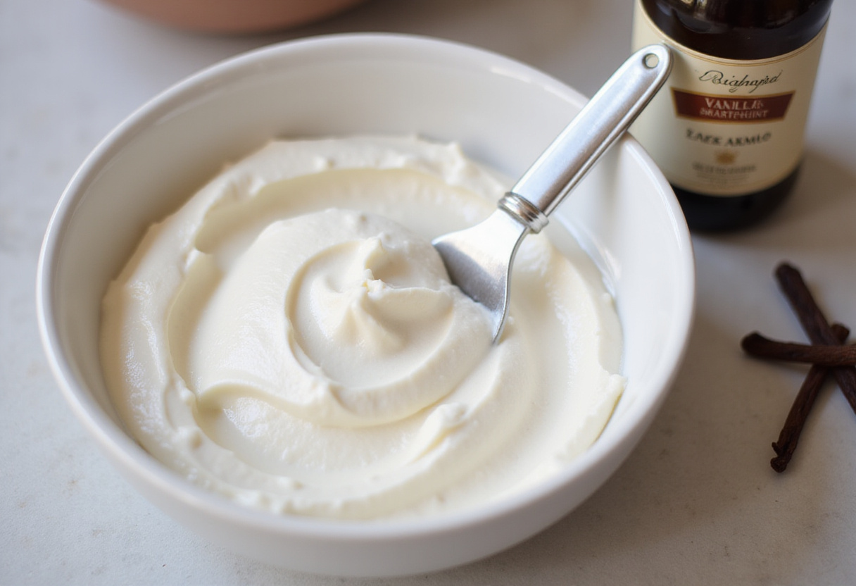 Crema batida casera con picos suaves lista para ser servida como nata montada.