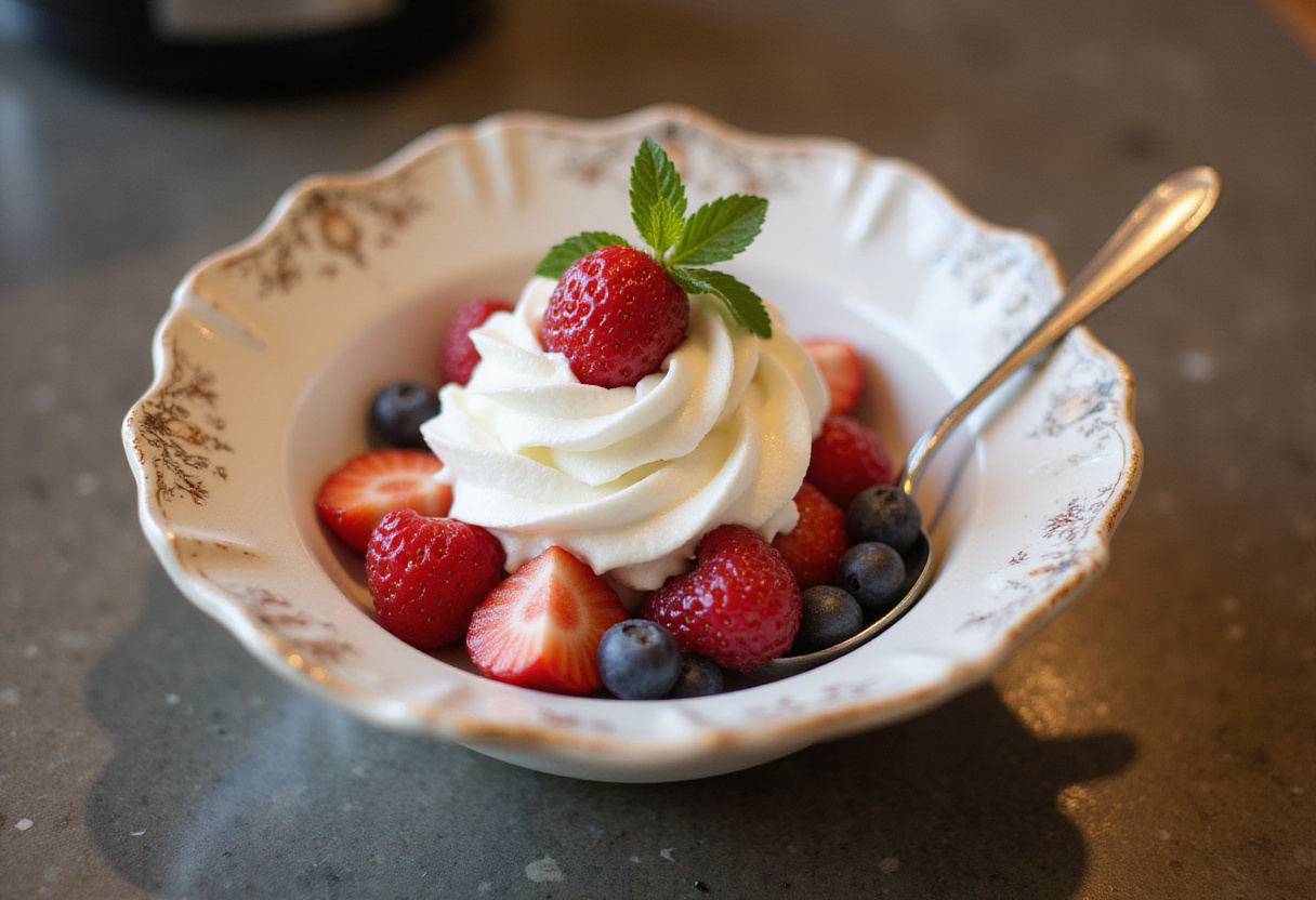 Crema batida casera lista para servir con frutas frescas como complemento.