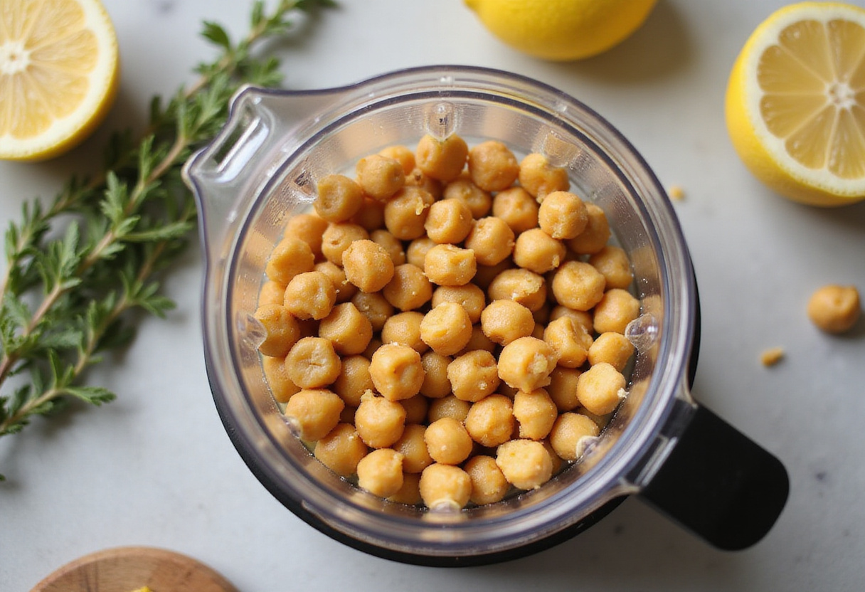 Cocción de garbanzos listos para la crema de garbanzos con limón y orégano.
