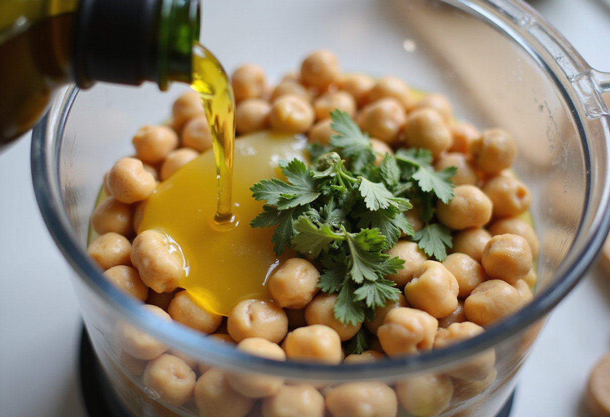 Añadiendo aceite de oliva y limón a la mezcla de crema de garbanzos con orégano.
