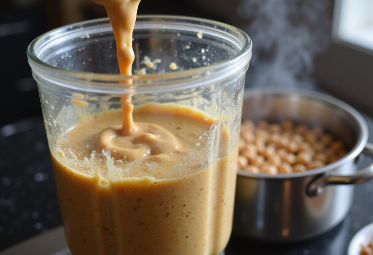 Mezcla de crema de garbanzos en la licuadora, creando una textura suave y cremosa.