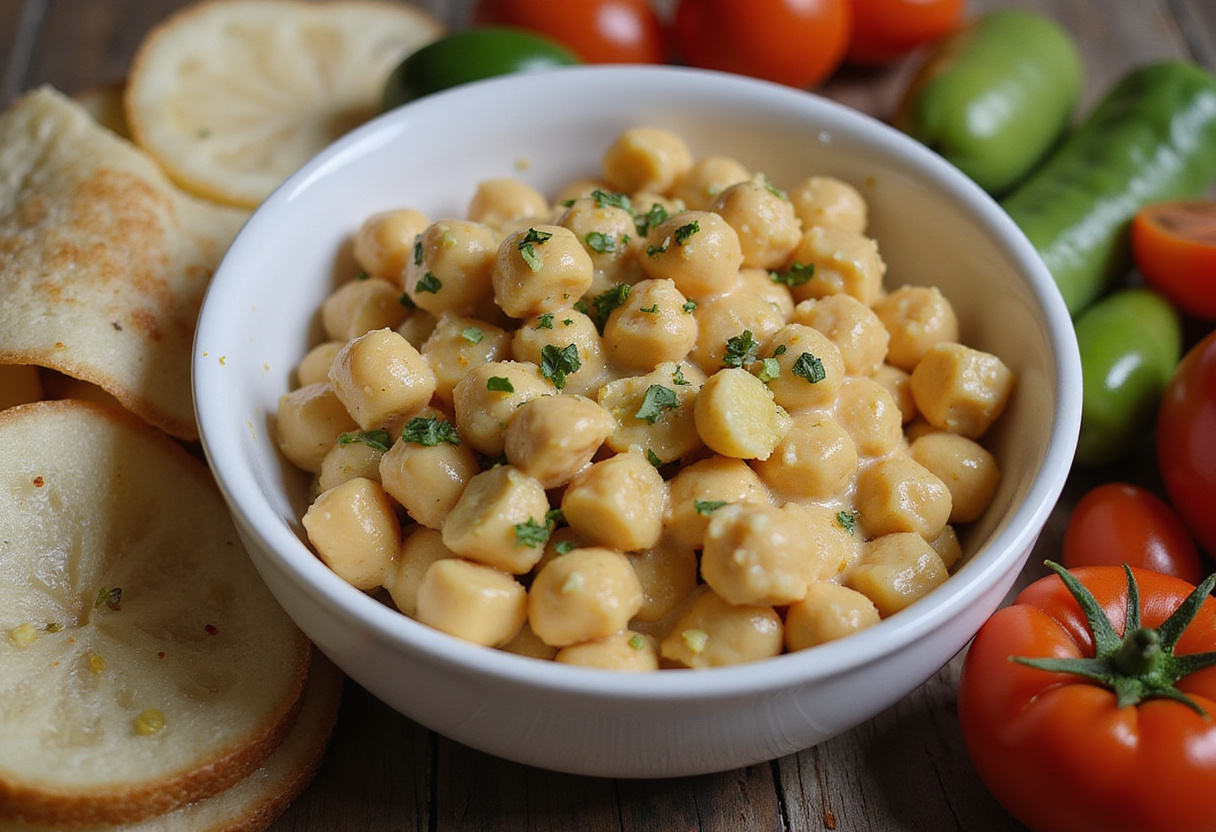 Crema de garbanzos lista para servir, adornada con orégano y limón.
