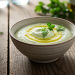 Delicious chilled crema fría de calabacín, perfect for a refreshing appetizer.