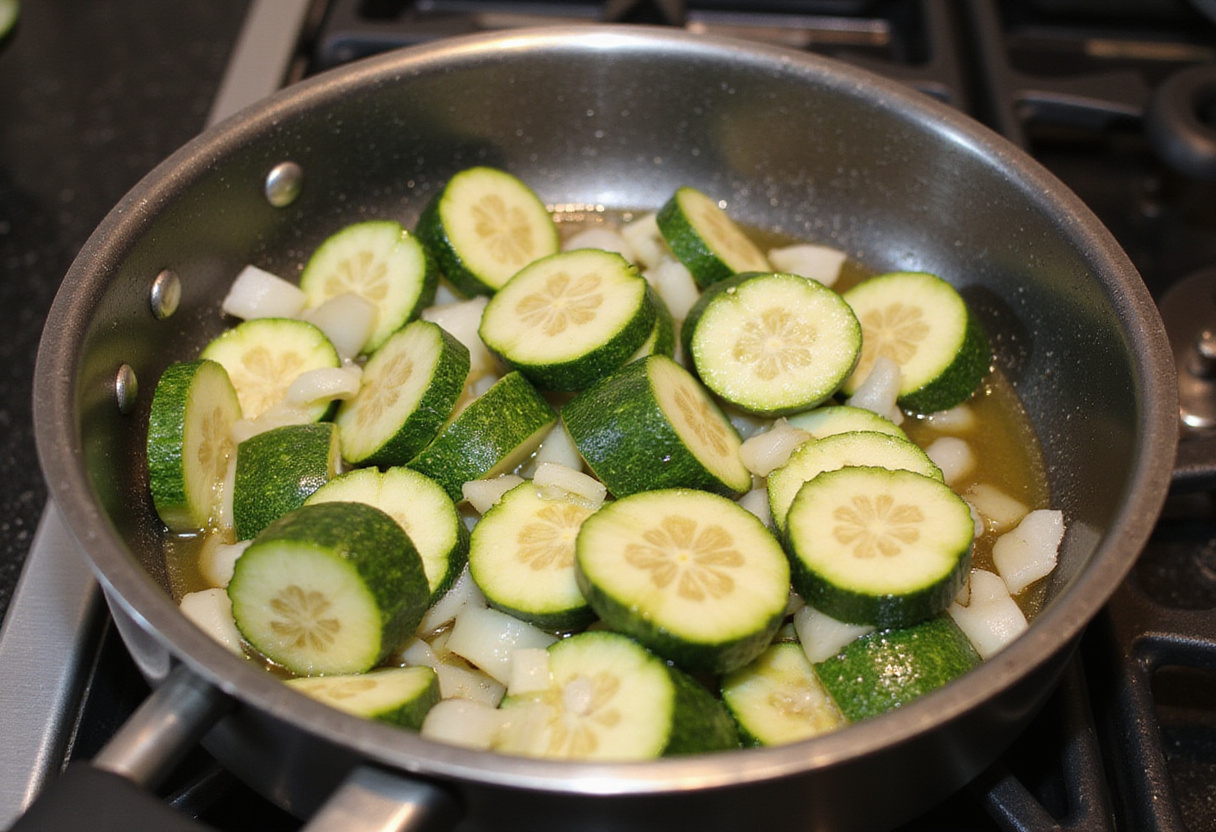 Calabacín, cebollas y ajo sofriéndose en aceite de oliva para la crema fría de calabacín.